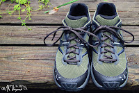 A pair of Vasque Mindbender trail running/hiking shoes.