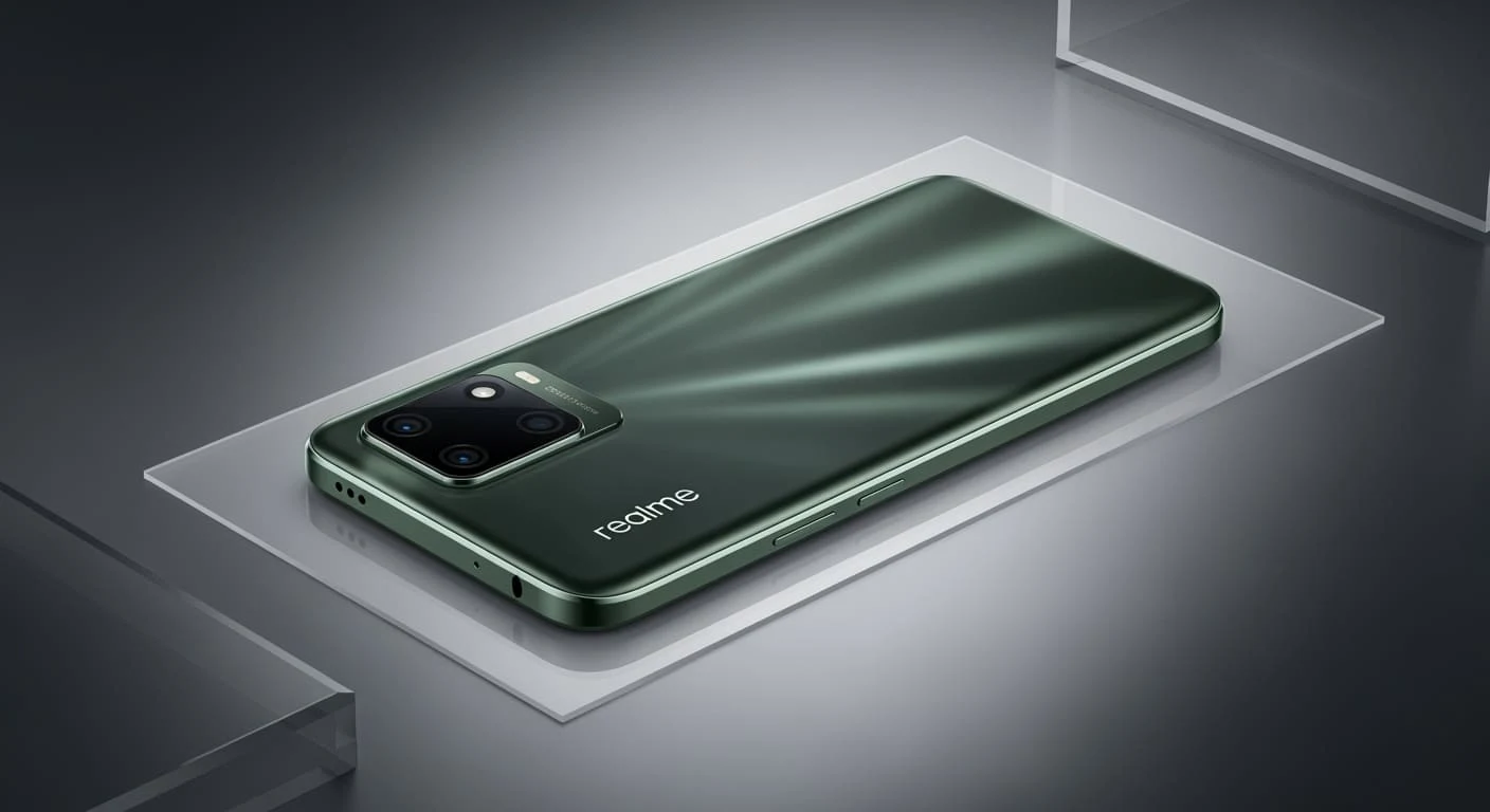 Realme C71 smartphone design elegante verde metallico su superficie riflettente