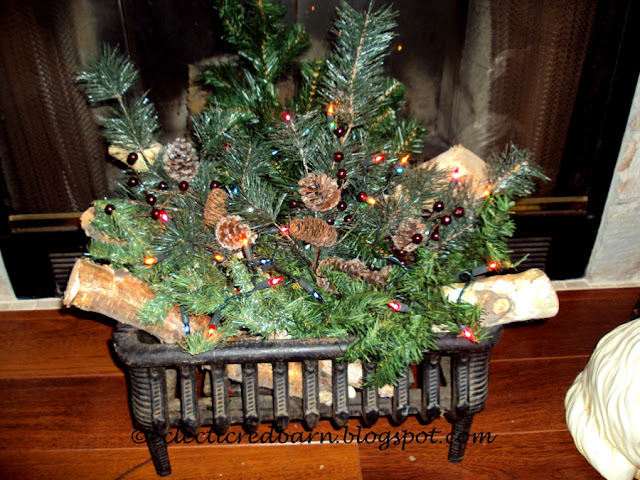 Eclectic Red Barn: Antique Fireplace Grate Decked Out for Christmas