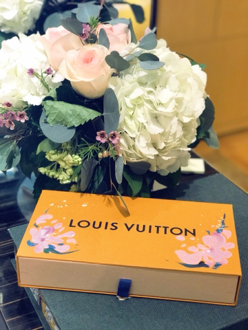 Louis Vuitton luxury gift box, custom arts flowers by Ben Liu, Montreal artist and fashion illustrator