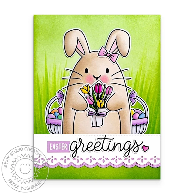 Sunny Studio Blog: Easter Greetings Rabbit Holding Tulip Bouquet with Easter Basket Card using Big Bunny Clear Stamps