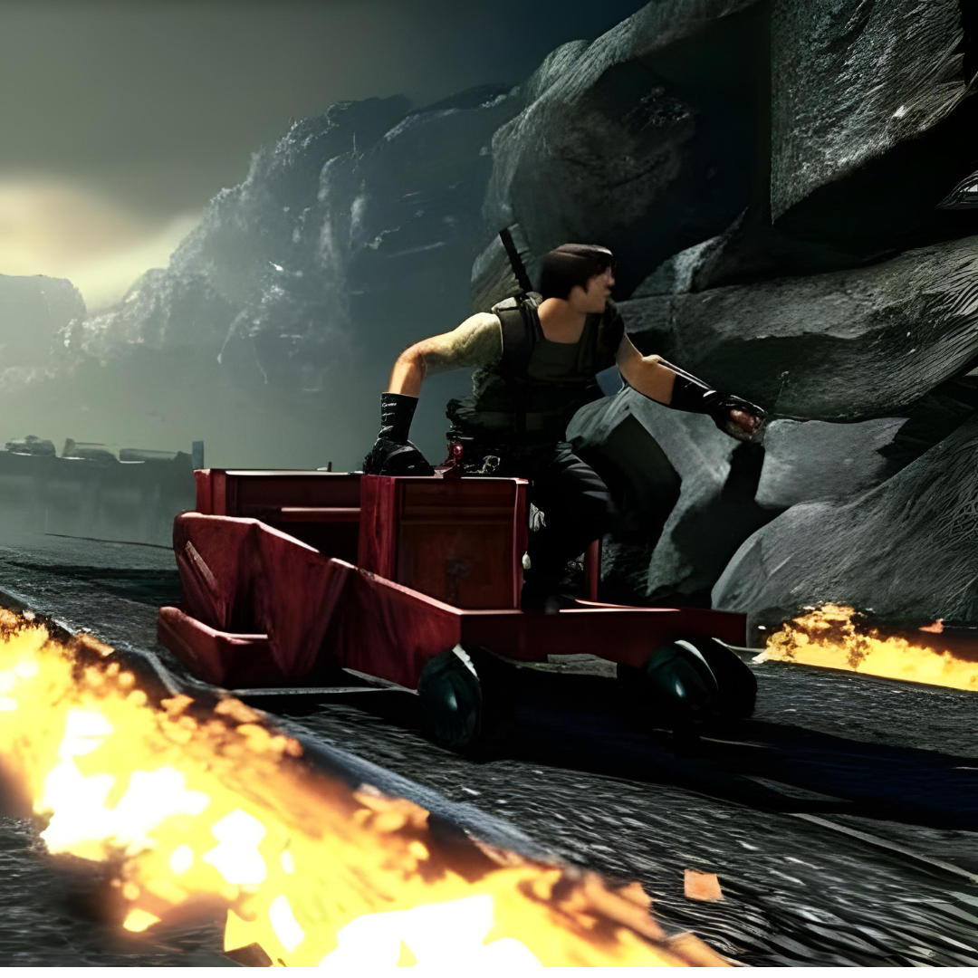 Leon fights off enemies in the Mine Cart section of Resident Evil 4 Remake
