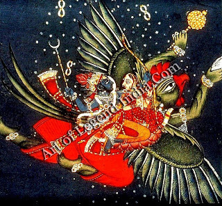 Vishnu with his consort Lakshmi on Garuda, the eagle