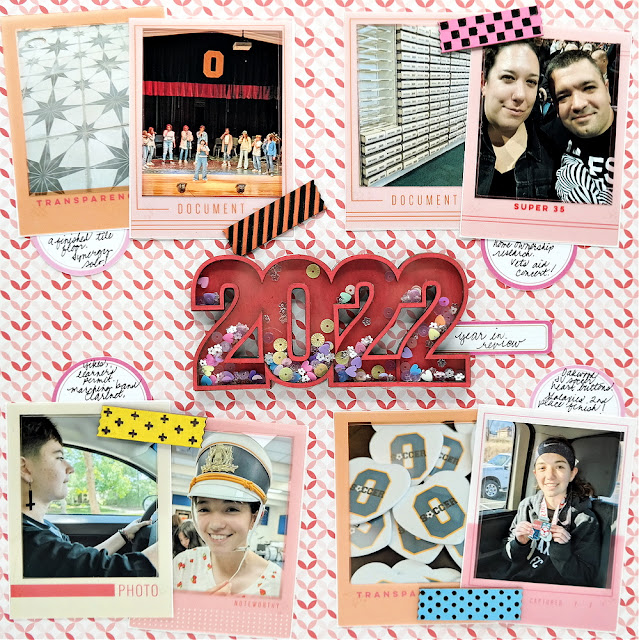 Year in Review Scrapbook Layout with Chipboard Washi Tape and Sequin-Filled 2022 Shaker