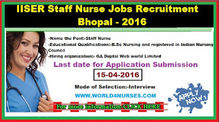 IISER Staff Nurse Jobs Recruitment 2016 in Bhopal