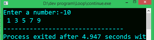 Write a program in C to find odd numbers 1 to any number.   Using continue statement.