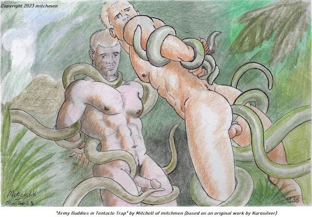 Naked soldiers in the jungle are captured by tentacles and probed behind