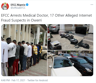 EFCC arrests Nigerian medical doctor, 17 others over internet fraud in Owerri