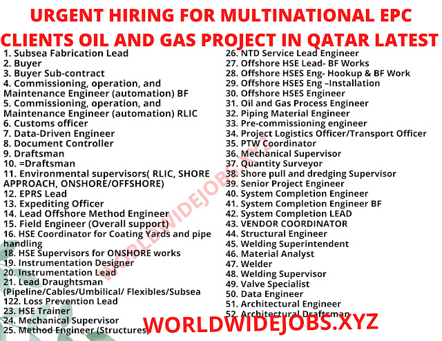 URGENT HIRING FOR MULTINATIONAL EPC CLIENTS OIL AND GAS PROJECT IN QATAR LATEST