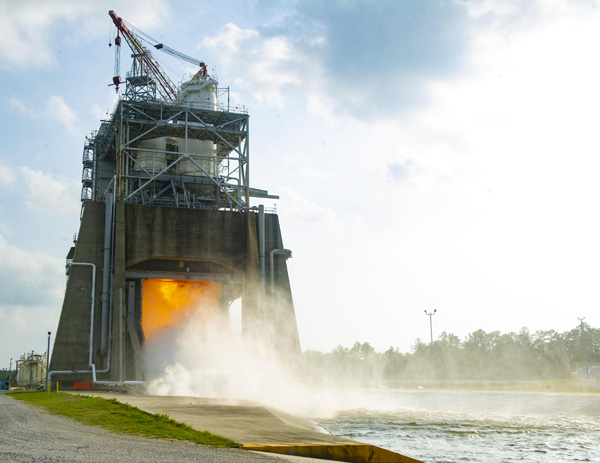 A next-generation RS-25 engine is tested on the Fred Haise Test Stand at NASA's Stennis Space Center in Bay St. Louis, Mississippi...on March 8, 2023.