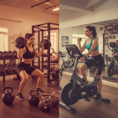 Two women are engaged in a workout on exercise bikes, demonstrating fitness and determination in a gym setting.