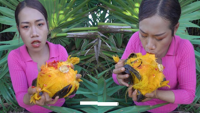 Eating ripe palm fruit with chili and salt sauce is sweet taste and good smell 