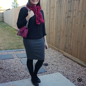 awayfromtheblue Instagram | how to wear pink ribbon scarf pop of colour with monochrome blouse pencil skirt office outfit