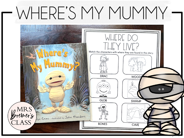 Where's My Mummy book activities unit with read aloud companion printables, reading comprehension worksheets, literacy lesson ideas, and a craft for Halloween in Kindergarten, First Grade, and Second Grade