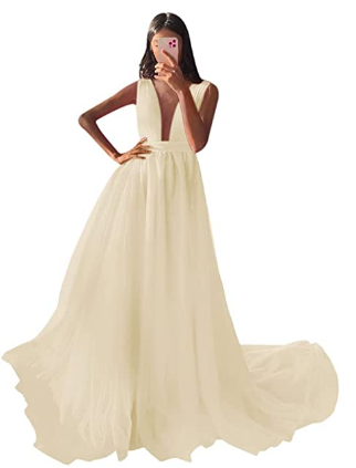 Wedding Dress in 20th May 2021 - Deep V Neck Split Evening Tulle Prom