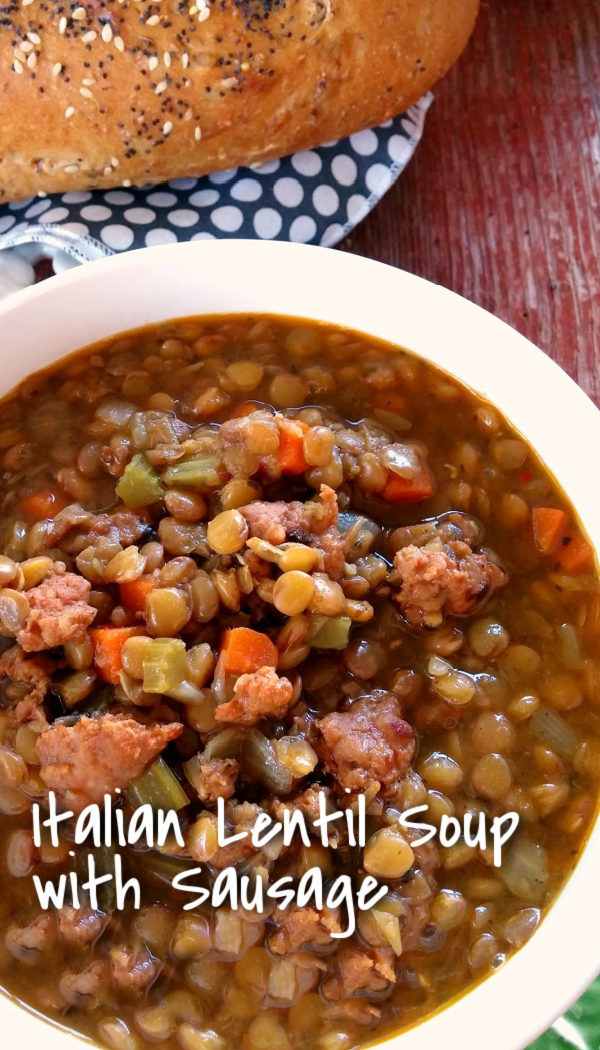 Italian Lentil Soup with Sausage! A simple, hearty lentil soup with spicy Italian sausage, garlic and herbs much like Carrabba’s Spicy Sausage and Lentil Soup copycat recipe.