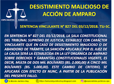 SENTENCIA VINCULANTE N° 827 DEL 03/12/2018. TSJ-SC. DESISTIMIENTO MALICIOSO DE ACCIÓN DE AMPARO