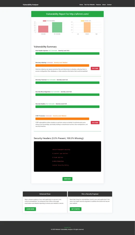 An Example of a vulnerability assessment report generated with our free tool, providing insights into possible vulnerabilities.