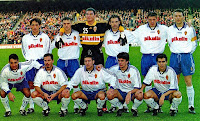 REAL ZARAGOZA - Zaragoza, España - Temporada 1998-99 - Pablo, Luis Helguera, Mondragón, Paco, Milosevic y Aguado; Gustavo López, Solana, Kily González, Marcos Vales y Aragón - F. C. BARCELONA 3 (Cocu y Rivaldo (2)), REAL ZARAGOZA 1 (Milosevic) - 24/01/1999 - Liga de 1ª División, jornada 19 - Barcelona, Nou Camp - El Real Zaragoza se clasificó 9º en la Liga, con José Francisco Rojo como entrenador