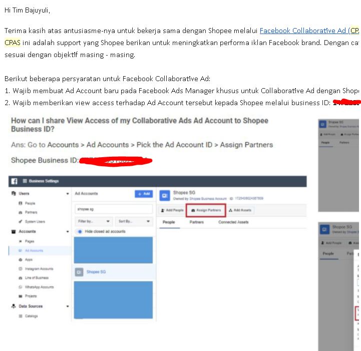 email teknis setup FB CPAS Shopee