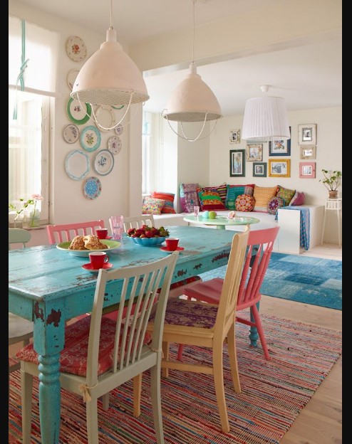 Teal Color House Interior Design with white dining table in the kitchen