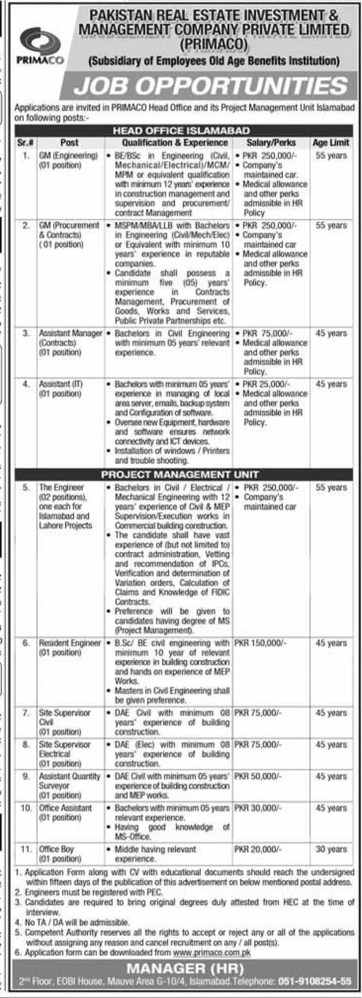 Pakistan State Investment & Management Company Private Limited (PRIMACO)  Job  2021 / Application Form