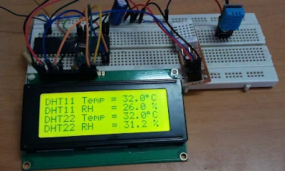 DHT11 VS DHT22 Hardware circuit using PIC16F877A and 2004 (20x4) LCD