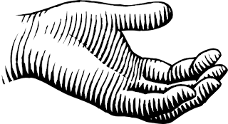 A black on white line drawing of a hand, palm open and facing upward in semi-profile (an offering gesture?) in the style of a vintage woodcut.