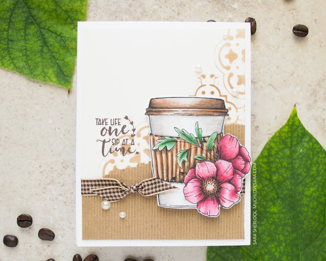 This pretty coffee themed handmade card, is perfect for any kind of occasion.  Created with the Unity Stamps set "One Sip at a Time" and colored in with Fun Stampers Journey Colorburst pencils.  