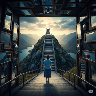 O Cume da Conquista e o Labirinto do Ser: Onde a Plenitude Encontra o Vazio?  Esta imagem, de melancolia esperançosa, nos convida a uma profunda reflexão sobre a incessante busca pela "plenitude". Nela, vemos uma escada de ouro, símbolo das conquistas e aspirações que nos levam ao topo – um trono, vazio e solitário, no cume de uma montanha. A pessoa, de costas, olha para trás, questionando o caminho percorrido e o sentido de uma vitória talvez desprovida de desafios.  Ao redor, um labirinto de espelhos distorcidos reflete versões fragmentadas de nós mesmos. Representam as inúmeras personas que assumimos, as expectativas sociais e a complexidade de nos encontrarmos quando o objetivo principal é alcançado. O céu nublado com um raio de sol sobre um lago turvo capta perfeitamente essa dualidade: a incerteza e a confusão da jornada, mas também a persistente luz da esperança e da renovação.  Ela nos lembra que a verdadeira completude não está na posse de um "trono", mas na própria jornada, na superação dos desafios e na contínua redescoberta de quem somos. É no paradoxo de "ter tudo" e, ainda assim, sentir a necessidade de problemas a resolver, que reside o verdadeiro motor da nossa existência e evolução.  #ReflexãoProfunda #Plenitude #CrescimentoPessoal #SentidoDaVida #DesafiosHumanos #Autoajuda #Existencialismo #JornadaInterior