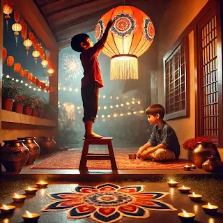 Two kids doing Diwali decoration