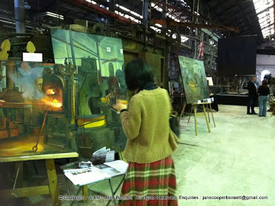 exhibition by Jane Bennett, industrial heritage artist painting the blacksmiths of 'Wrought Artworks' Australian Technology Park Eveleigh Railway Workshops