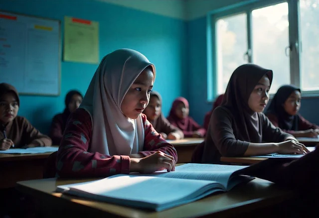 Gambar menunjukkan siswa dengan berbagai kemampuan yang belajar bersama dalam satu kelas inklusif.
