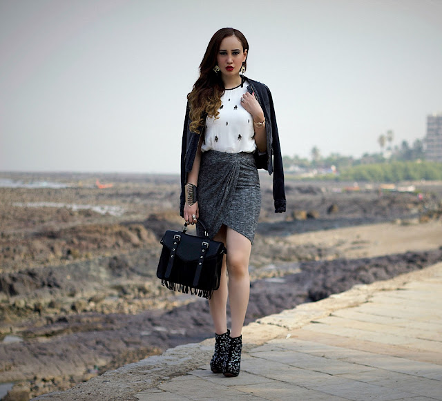 ONLY Denim Biker Jacket, Embellished White Top, Grey Drape Skirt, edgy Party Look, Fringe Bag