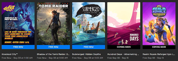 Screenshot of the current and near future free games/items on Epic Games store