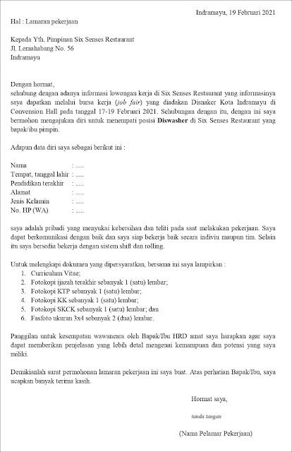 Contoh Surat Lamaran Kerja Untuk Diswasher (Fresh Graduate) atau Contoh application letter petugas pencuci piring (Fresh Graduate) berdasarkan informasi dari job fair