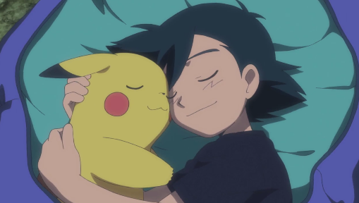 Pokémon the Movie I Choose You Pikachu Ash snuggling cuddling in bed