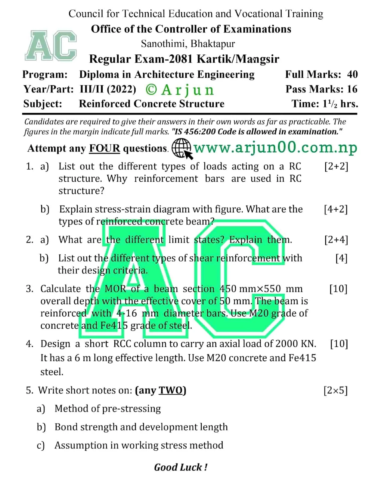 Reinforced Concrete Structures : 2081 Question Paper of Sixth Semester , DAR, Diploma in Architecture engineering, arjun00 , Reinforced Concrete Structures Question Paper