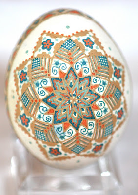 Brown Chicken Egg Pysanky Etched and Dyed Orange and Blue Traditional Star Pattern