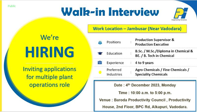 PI Industries Walk In Interview For BE/ B Tech/ Diploma Chemical/ BSc/ MSc Chemistry