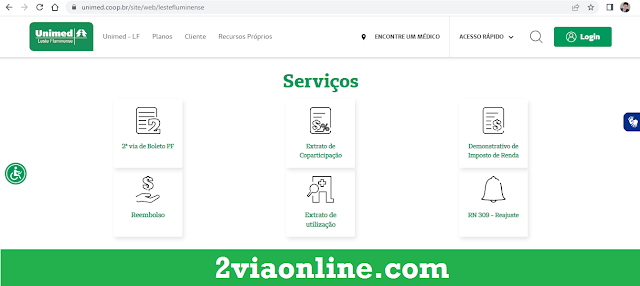 Acesse o site oficial da Unimed (https://www.unimed.coop.br/site/web/lestefluminense), localize e clique na opção "2ª Via de Boleto PF"