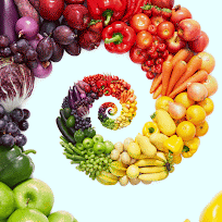 A spinning spiral of fruits and vegetables.