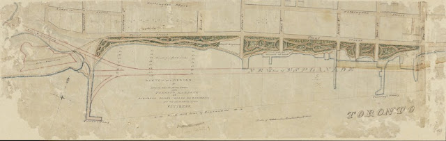 Map: by John Howard: Sketch of a design for laying out the North Shore of the Toronto Harbour in pleasure drives, walks and shrubbery for the recreation of the Citizens, July 5, 1852