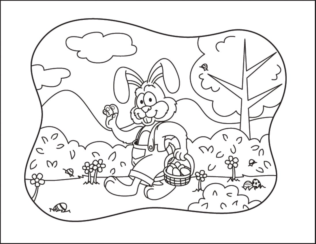 Download Coloring & Activity Pages: Easter Bunny Waving & Holding an Easter Basket Coloring Page