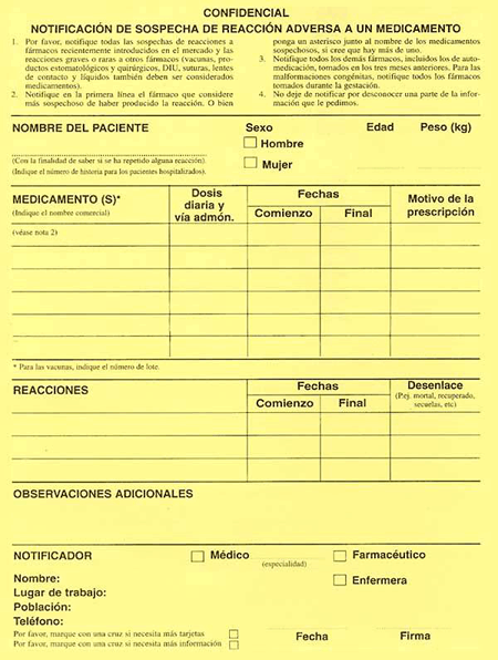 Tarjeta amarilla de notificación de reacciones adversas de fármacos