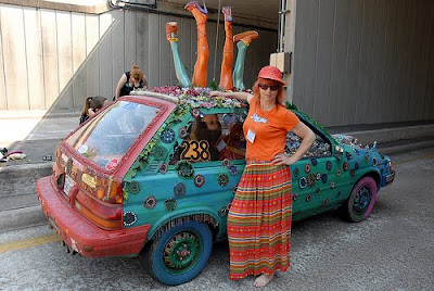 Joy Johnston and her art car, Flivver