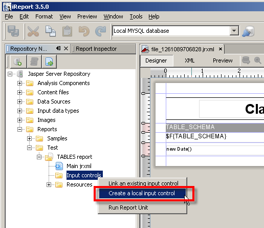 jasper reports add input control