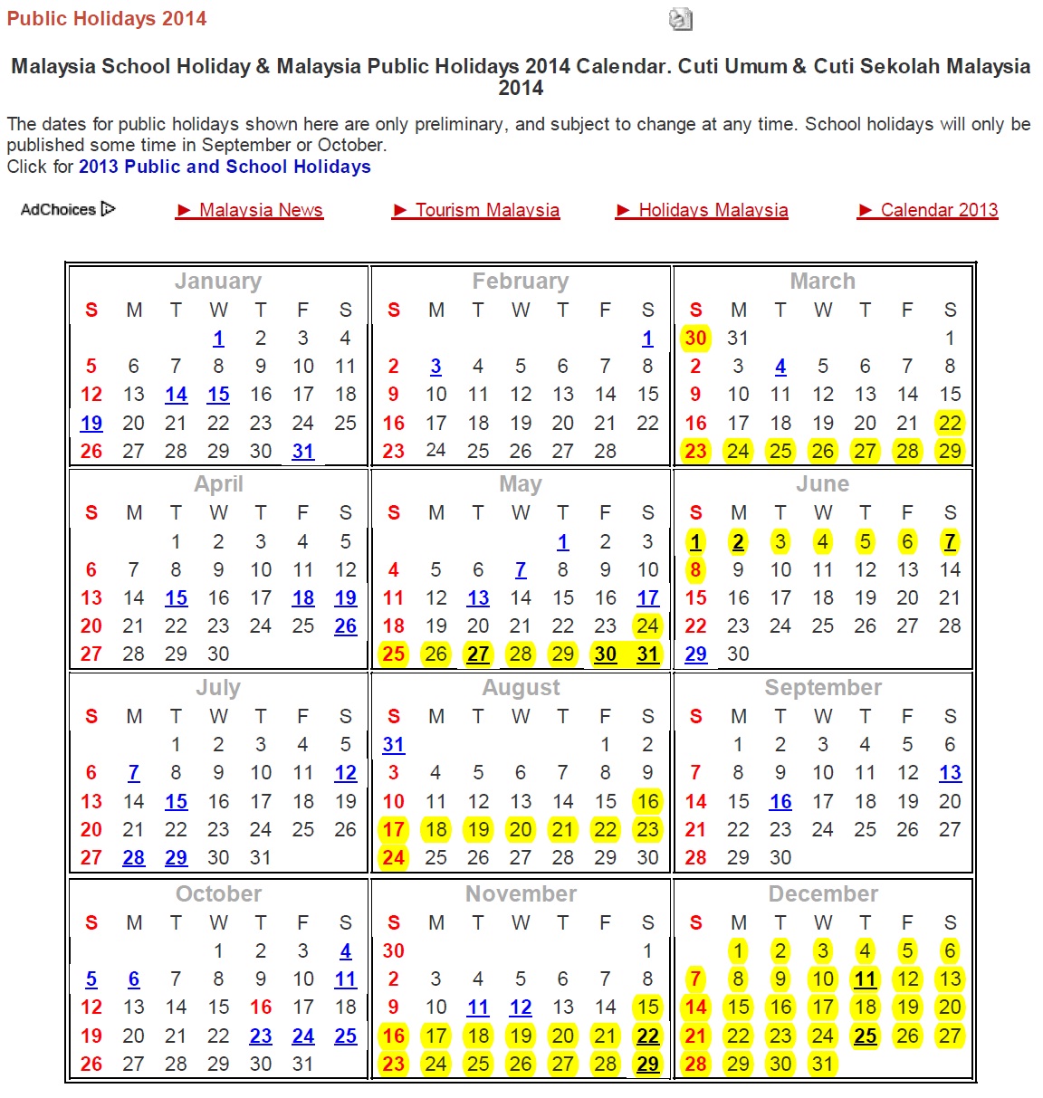 2016 Calendar With School Holidays Malaysia 