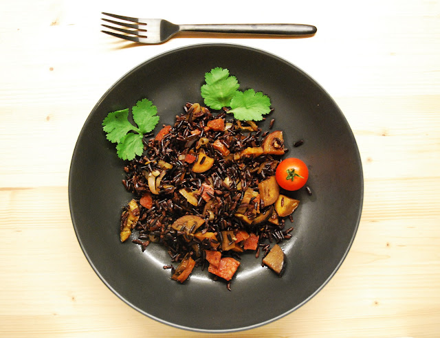 Aubergines chorizo riz noir