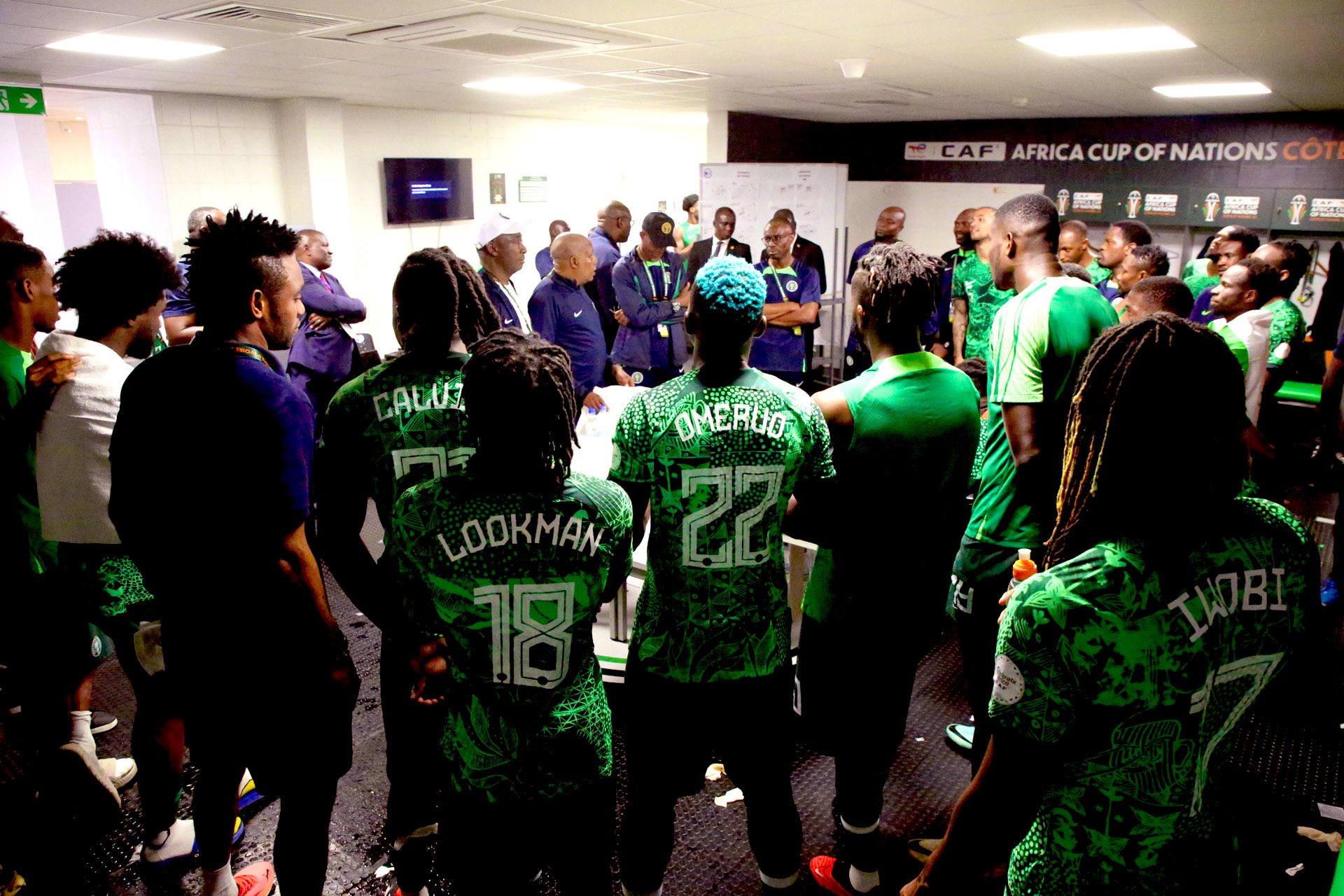 Super Eagles defender, William Troost-Ekong, celebrates with teammates after Nigeria reached the final of the 2023 CAF Africa Cup Of Nations (AFCON) after beating South Africa in the semi finals on Wednesday 7 February, 2024 at Stade Bouaké
